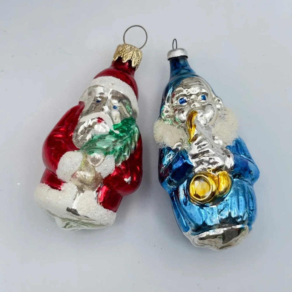 Vtg 2 Blown Glass Ornament Santa Blue Clown‎ Instrument Christmas West Germany